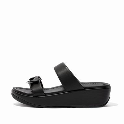 Fitflop Fino Floral Leather Slides - Sandalen Damen - Schwarz (KHI359012)